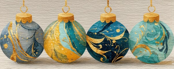 Watercolor ornaments with gold accents on textured paper for festive decor