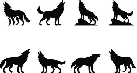 Set of howling wolf silhouettes isolated on white background various poses