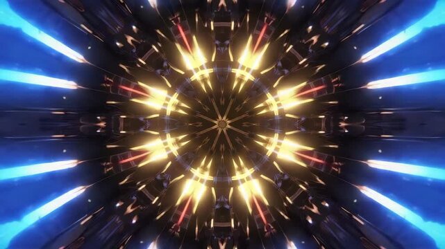 Sci-fi abstract tunnel animation with glowing gold and blue lights. A VJ loop with a kaleidoscopic, futuristic, and hypnotic pattern. Ideal for music videos, events, and backgrounds.