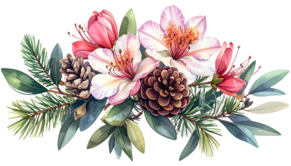 Watercolor floral arrangement with pink blooms, pinecones, and green foliage