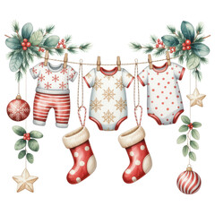 Watercolor Christmas Baby Clothesline with Ornaments