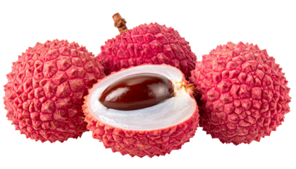 Close-up of four lychee fruits, one cut open revealing white flesh and a seed