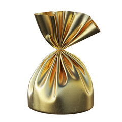 Golden metallic candy wrapper with glitter isolated on black background with studio lighting and realistic texture