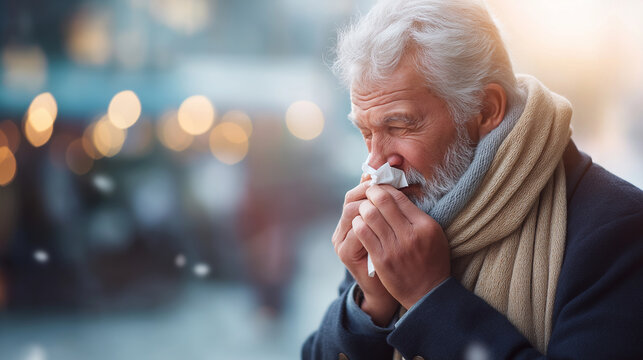 Faceless old man suffering from cold defocused background elderly seasonal illness senior respiratory symptoms geriatric health problems winter sickness with copy space