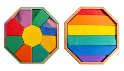 Two octagonal wooden puzzles, one disassembled and one completed in rainbow