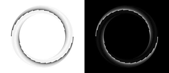 Fototapeta premium Modern abstract background. Halftone dots in circle form. Round logo. Vector dotted frame. Design element or icon. Black shape on a white background and the same white shape on the black side.