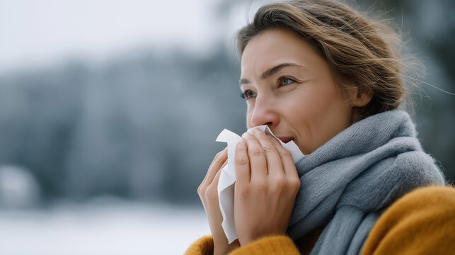 Faceless woman using tissue for nose outdoors defocused winter snowy background seasonal cold symptoms respiratory illness weather related sickness winter health issues