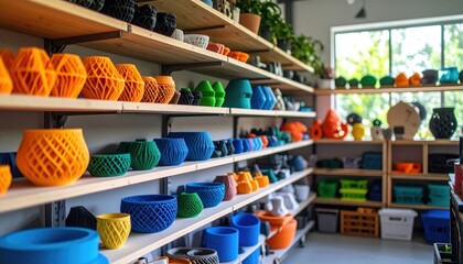Colorful 3DPrinted Planters on Shelves with Modern Interior.