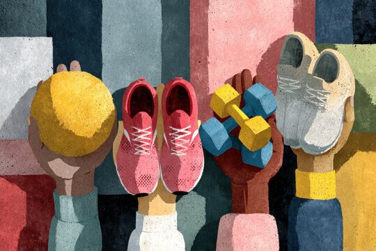 Vibrant flat illustration of hands holding a ball, sneakers, and dumbbells for fitness teamwork