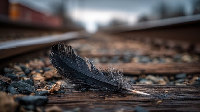 Dark Feather Resting on Rustic Train Tracks - Powered by Adobe