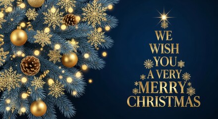 Christmas tree branch with gold ornaments snowflakes and a merry christmas greeting on blue background