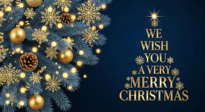Christmas tree branch with gold ornaments snowflakes and a merry christmas greeting on blue background