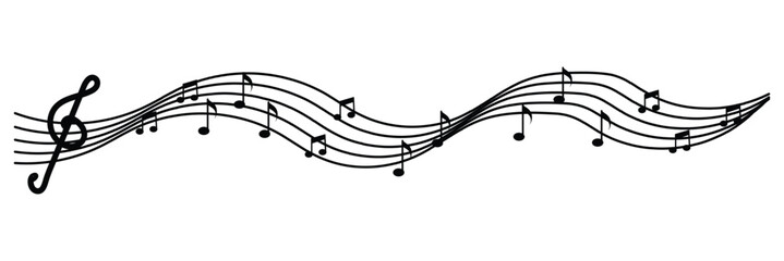 Musical notes, stave with flying notes, melody sketch with musical staff wave, comic, vector Musical white background. EPS10