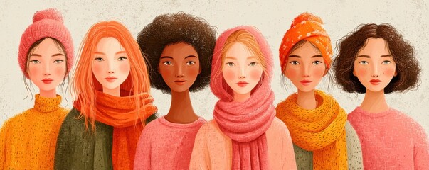 Illustration of diverse women with vibrant attire and expressive styles
