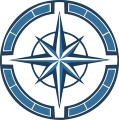 Stylized blue compass rose icon with a nautical star, representing navigation, travel, and exploration in a modern circular design