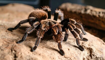 Tarantula Spider Close Up on Rock with Exotic, and Macro Photography.