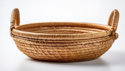 Obraz premium A Round Basket With A Handle Woven From A Vine On A White Background