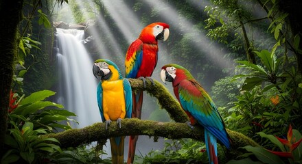 Three Colorful Macaws Perched in Amazon Jungle with Waterfall