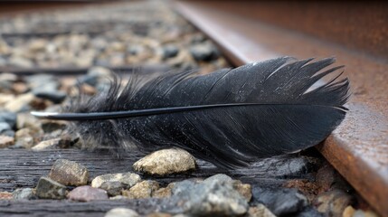 Single Black Feather Resting on Wet Old Railway Track