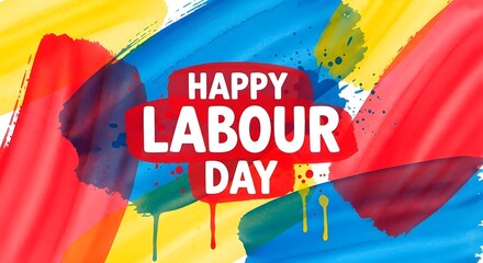 Happy labour day vibrant abstract brush stroke background with dynamic paint splatters. a festive and colorful artistic texture for worker appreciation and global holiday greeting cards.
