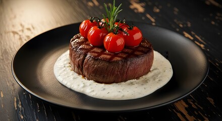 Gourmet Fillet Mignon Steak Served with Cherry Tomatoes and White Sauce on Black Plate