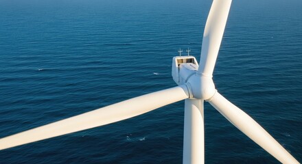 Close Up of Wind Turbine Blades Rotating Over Blue Ocean