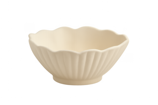 Empty ceramic cream fluted bowl on transparent background