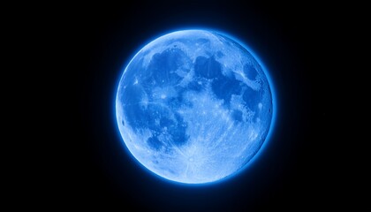 Blue Super Moon Glowing With Blue Halo Isolated On Black Background