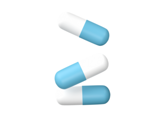 Three blue and white capsules, symbol of medicine