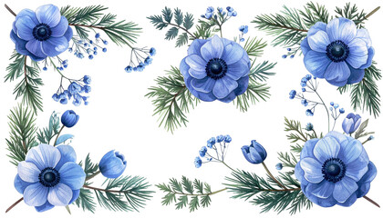 Floral arrangement of blue flowers and greenery forms a rectangular border
