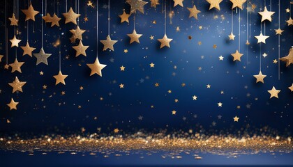 Fototapeta premium Elegant Midnight Blue Background With Gold Confetti Stars Celebration Background Winter Background Event