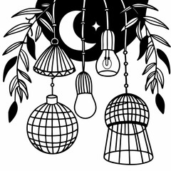 Minimilist black and white illustration of hanging lamps with moon star and foliage in a decorative design vector