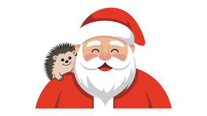Santa's Christmas Cheer: A jolly Santa Claus, complete with a rosy cheeks and twinkling eyes, shares a heartwarming moment with a spiky hedgehog on his shoulder, against a festive backdrop.