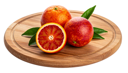 Three blood oranges, one sliced, with leaves, on a wooden cutting board