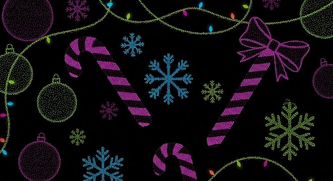 Glittering christmas elements on black background with candy cane, snowflake, ornament and light string