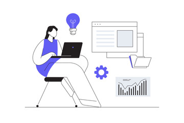 Customer service. Online technical support. Hotline operator woman advises a customer through a laptop. Flat Cartoon Vector Illustration, icon Stylish abstract design landing page web