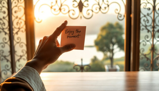 - Person holding note 'Enjoy the moment' at sunset by ornate window