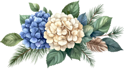 Watercolor illustration of blue and white hydrangeas with greenery and feathers