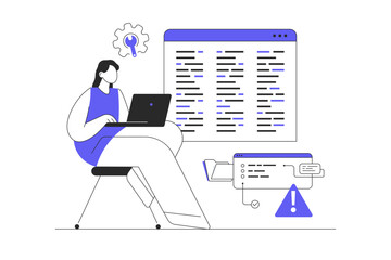 Software development, coding and problem identification. IT specialist Woman Character testing software in search of bugs. Flat Cartoon Vector Illustration, icon Stylish abstract design landing page 