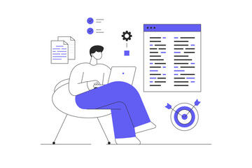 Software development, programming, coding. Man create software, write code and scripts, work with programming languages. Flat Cartoon Vector Illustration, icon Stylish abstract design landing page web
