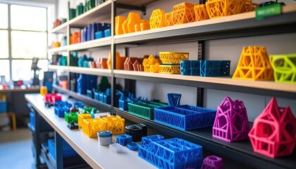 3D Printed Objects on Shelves with Workshop Background.