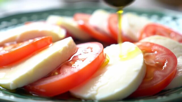 Olive oil pours on sliced tomato and mozzarella caprese salad dish, close-up, for food blog