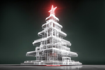 3D rendering of Christmas tree in form of  frame or "digital" design, illuminated by white and red neon lines