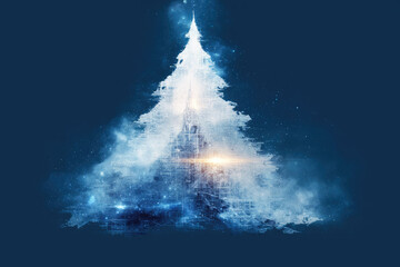 White abstract Christmas tree consisting of lines, dots and luminous particles on a cool blue background.