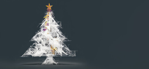 3D abstract Christmas tree made in modern digital style resembling wireframe or technical sketch on  gray isolated banner with a copy space