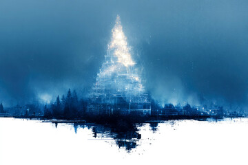 minimalistic poster design with white lines of an architectural project, flat vector illustration of a Christmas tree made of steel beams 