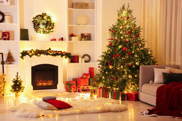 Stylish room with Christmas tree, fireplace and festive decor. Interior design