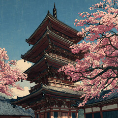 Japanese Pagoda Surrounded by Cherry Blossoms in Spring