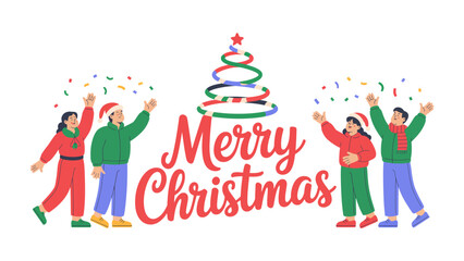 Joyful Christmas Celebration: Illustrative holiday scene, where a group of friends spread joy with confetti beneath a festive Christmas tree.
