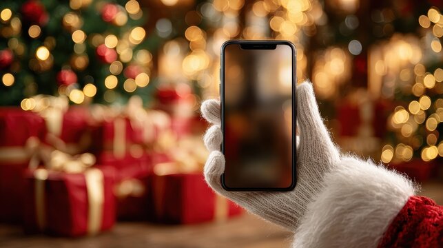 Santa hand holding mobile phone with empty screen in christmas day,holiday shopping online,light background,smartphone,banner sale gifts,Blank white screen,Mockup. - Powered by Adobe